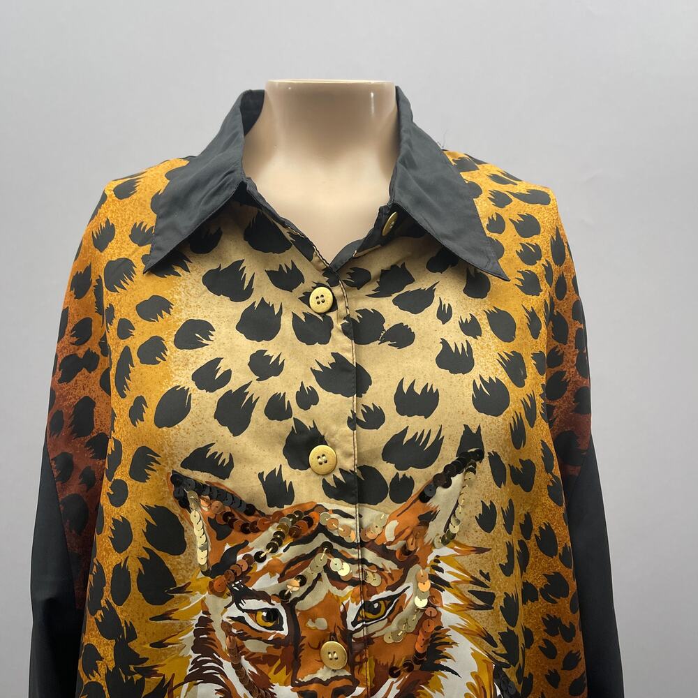 Diane Gilman Vtg Top Women L Tiger Print Silk Button Up Blouse Sequin Glam Artsy - Picture 2 of 9